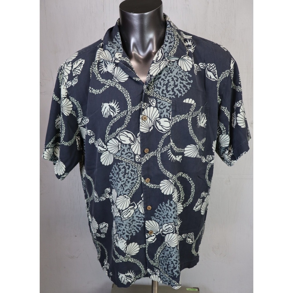 Mens Tommy Bahama Sea Shells Hawaiian Shirt Silk Multicolor Size L Loop Collar
